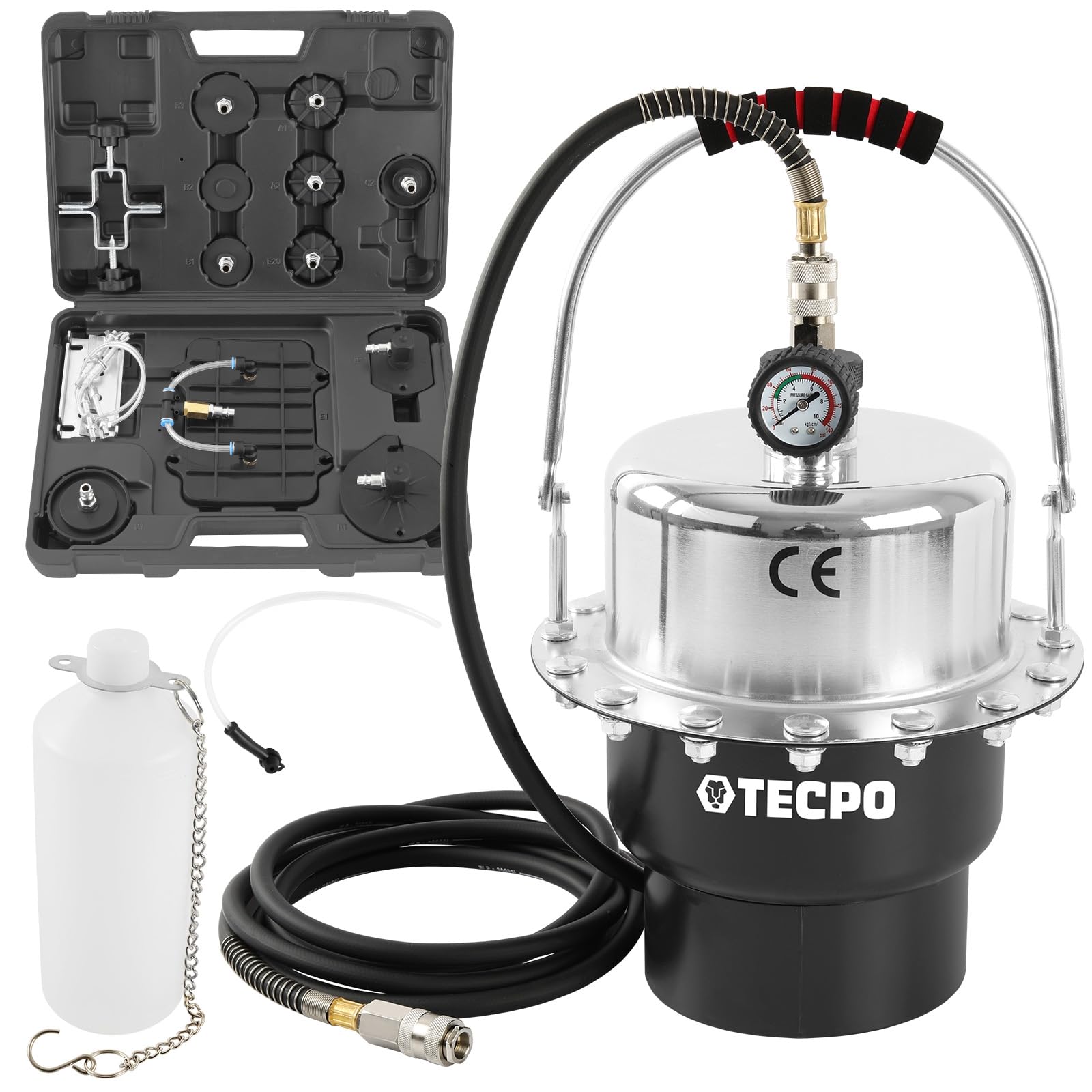 TECPO Bremsenentlüftungsgerät, 5 Liter Druckluft Bremsflüssigkeitwechselgerät Auto Universal Bremsenentlüfter mit Absaugbehälter und Adapter Set
