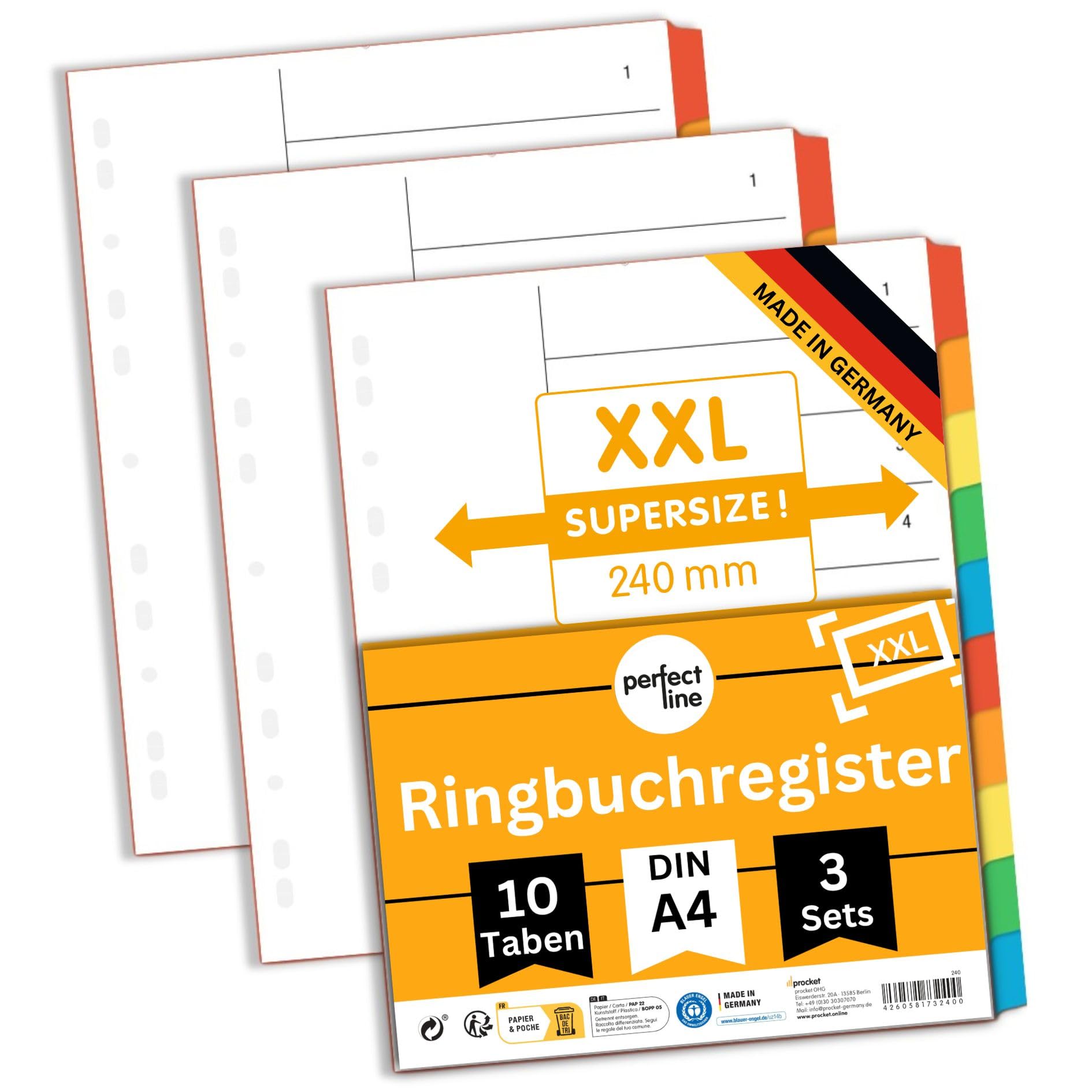 perfect line XXL File dividers A4, Folder dividers for Lever Arch Files, 10-Piece, Extra Wide, Set of 3, Cardboard, Made in Germany