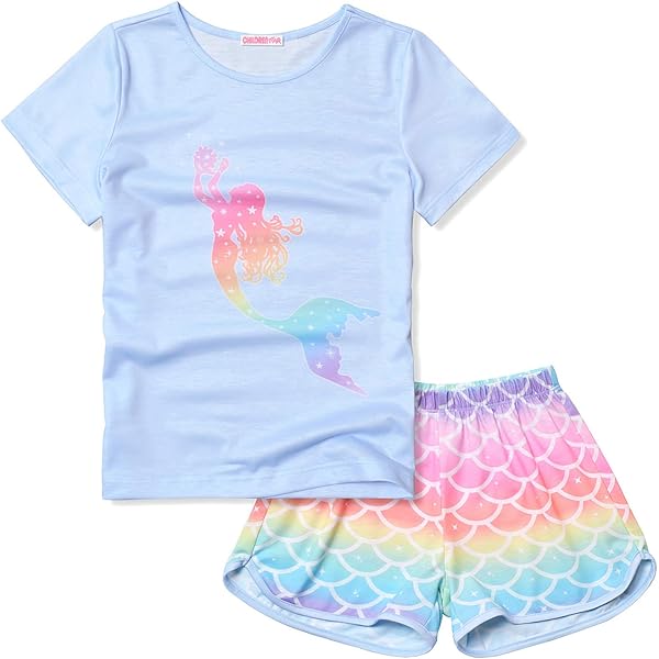 Pijama Infantil Meninas QPANCY - Conjunto Manga Curta Estampa Sereia