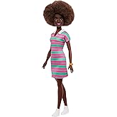 Barbie Fashionistas Doll #247 with Curly Black Hair, Pink and Green Striped Collared Dress with Accessories Like Orange Watch