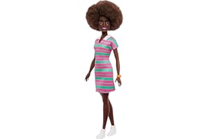 Barbie Fashionistas Doll #247 with Curly Black Hair, Pink and Green Striped Collared Dress with Accessories Like Orange Watch and White Sneakers