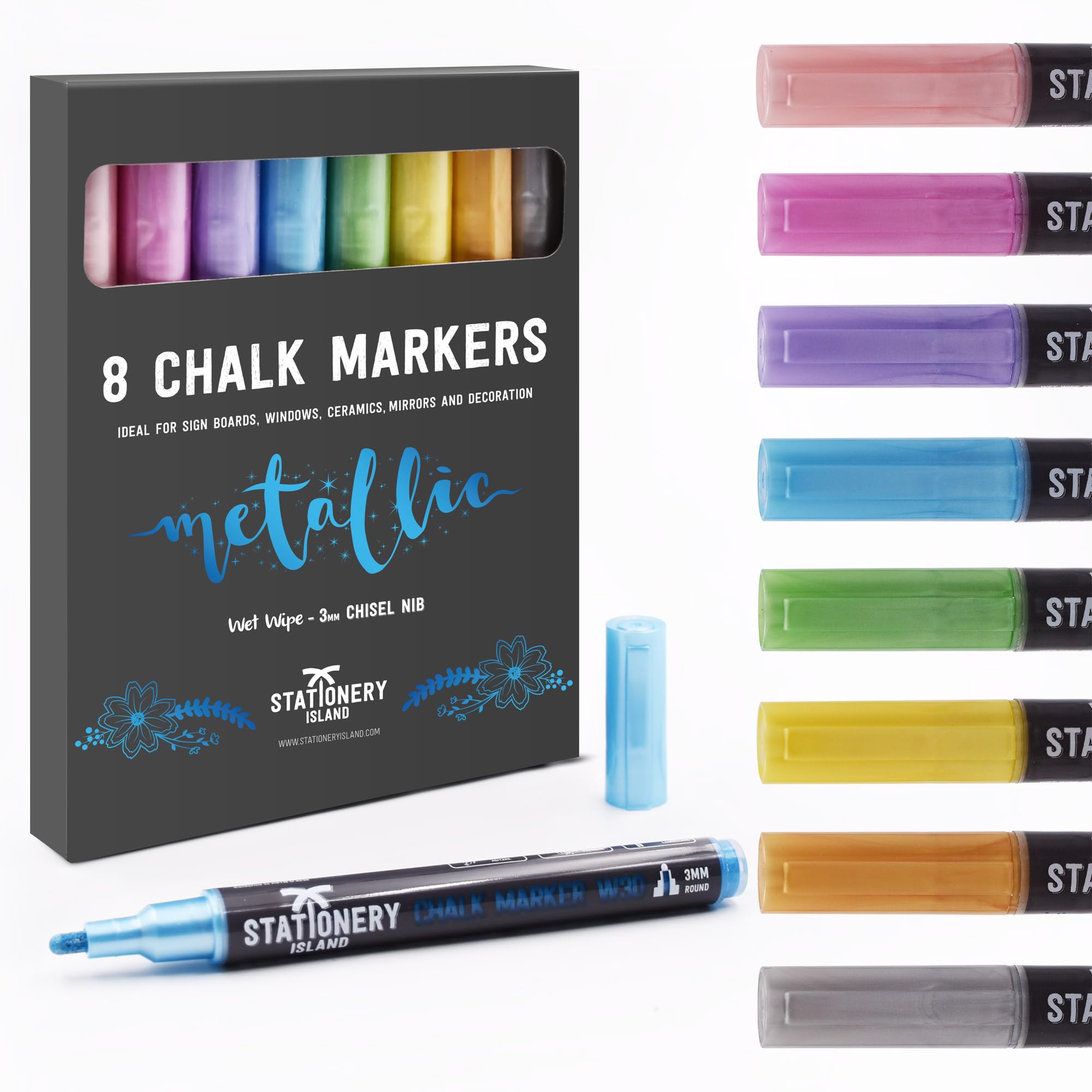 STATIONERY ISLAND Chalk Pens and Liquid Chalk Markers for Blackboard, Glass and Window Drawing - Metallic