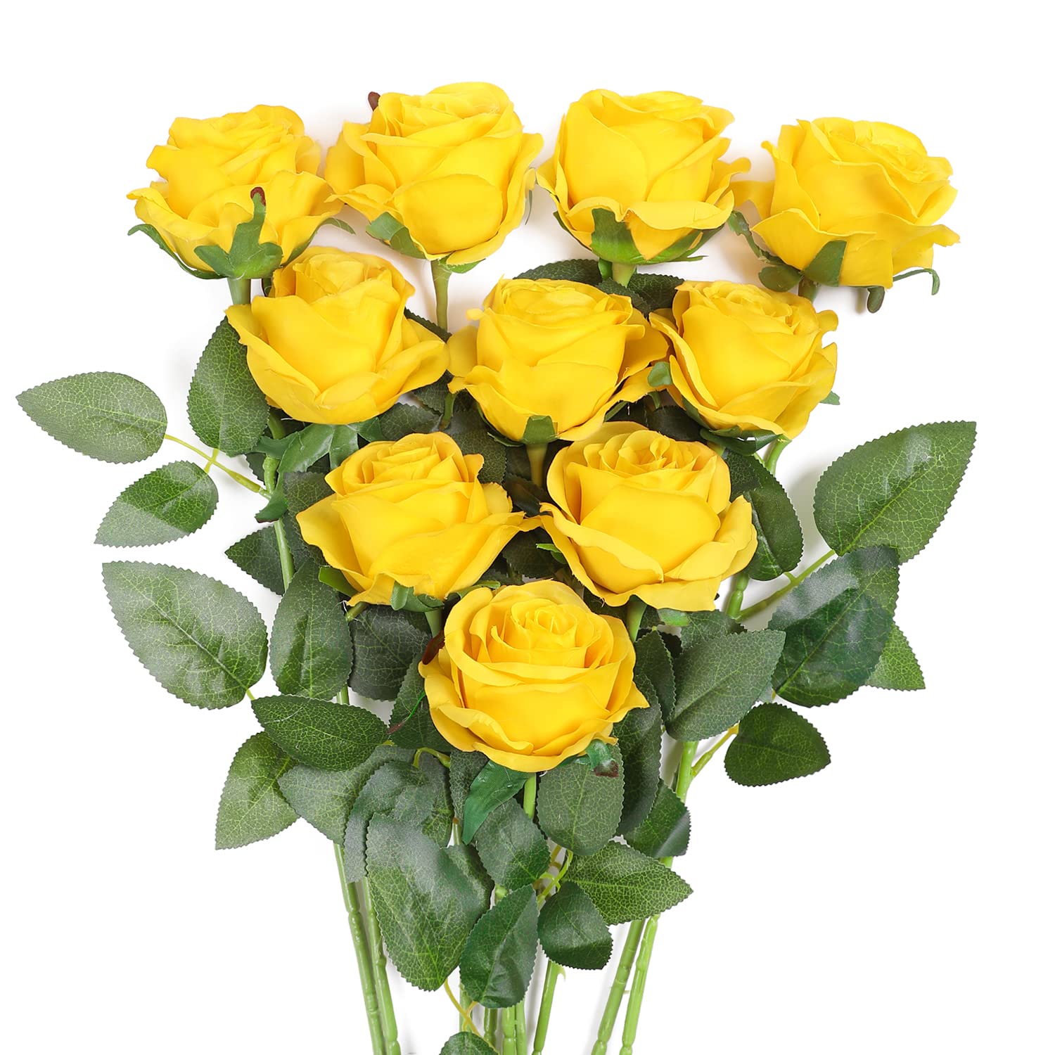 JUSTOYOU 10 PCS Yellow Rose Artificial Silk Flowers Realistic Bouquet,Single Long Stem Fake Roses for Home Table Office Party Wedding Garden Arrangements(10 PCS，Yellow)
