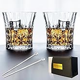 yutrenn Whiskey Glass Set of 2 Cocktail Glass Cup with Luxury Box, 8.5 OZ Crystal Old Fashion Glasses Scotch Rum Cognac Vodka Liquor, Glass Drinking Set Gift for Men (2 Glass Cup & 2 Metal Picks)