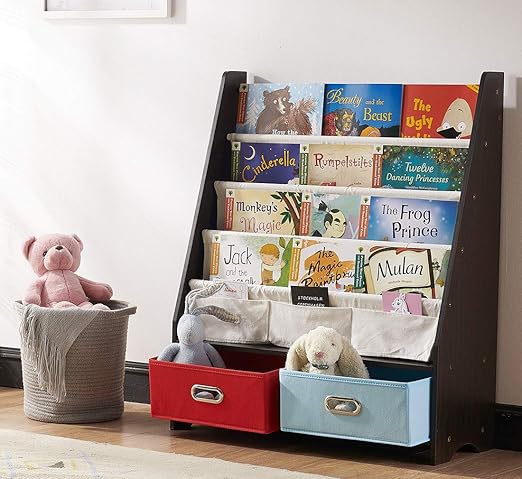 sling bookshelf with storage bins