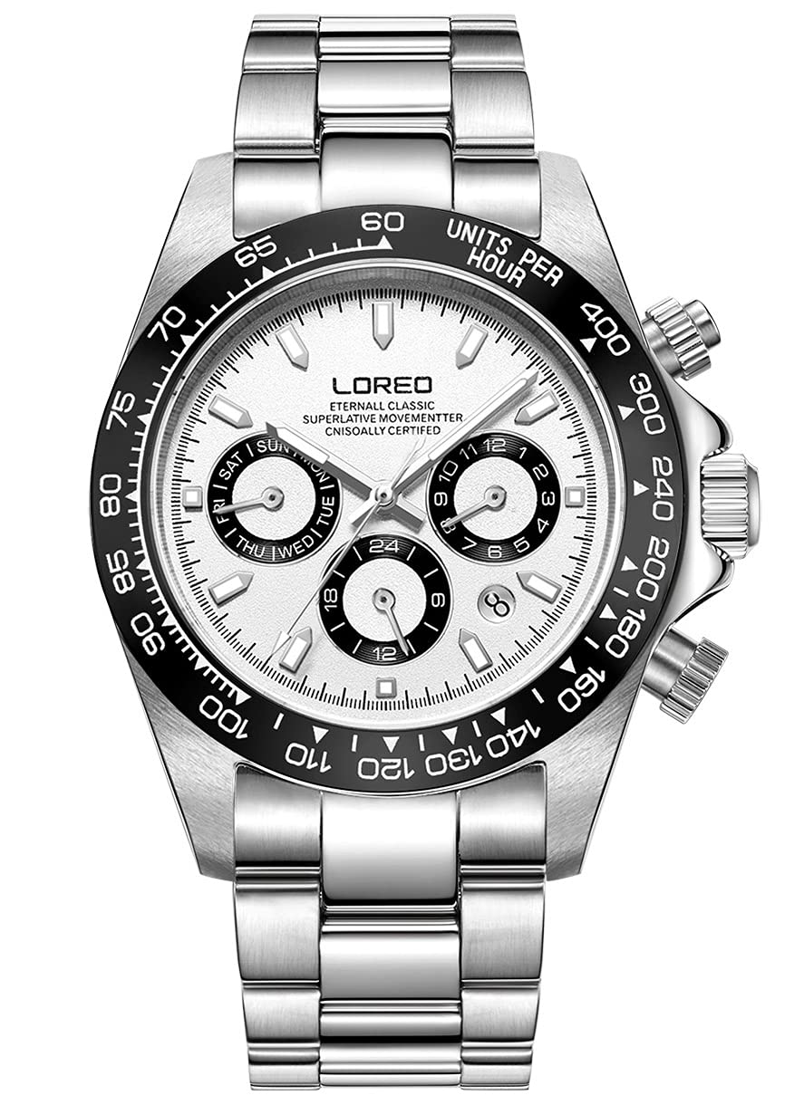 LOREO Mens Automatic Watch Silver Stainless Steel Sapphire Glass Ceramic Bezel Date Military Diving Waterproof Watch
