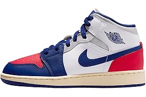 NIKE Air Jordan 1 Mid Big Kids' Shoes (White/University Red/Neutral Grey/Deep Royal Blue)