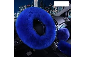 Vacallity 3 Pcs Fluffy Steering Wheel Covers, Universal Soft Comfortable Non-Slip Pure Wool Car Wheel Covers with Handbrake Cover Gear Shift Cover for Woman＆Girl,（Blue