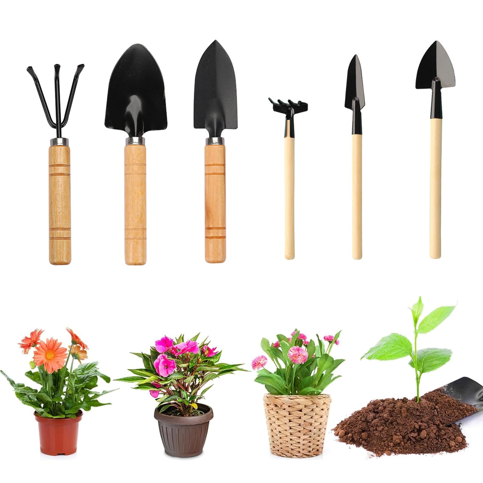 Mini Garden Tools Set, 6Pcs Home Tiny Gardening Kit, Small Shovel Rake Spade Garden Hand Tools Mini Plant Gardens Tools for Small Flower Gardens Plants Care