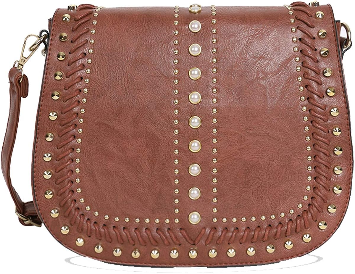 Fashion Bazaar Designer Style Cross Body Saddle Bag Womens Studded