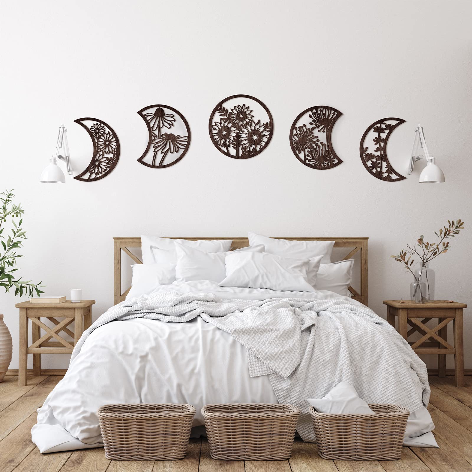 Photo 1 of ***MINOR DAMAGE*** Jetec 5 Pcs Moon Phase Wall Hanging Decor Art Above Bed 10.6" H Boho Moon Phase Wood Wall Pediment Ornament for Living Room Bedroom Home Decoration Room Apartment Bar(Brown)
