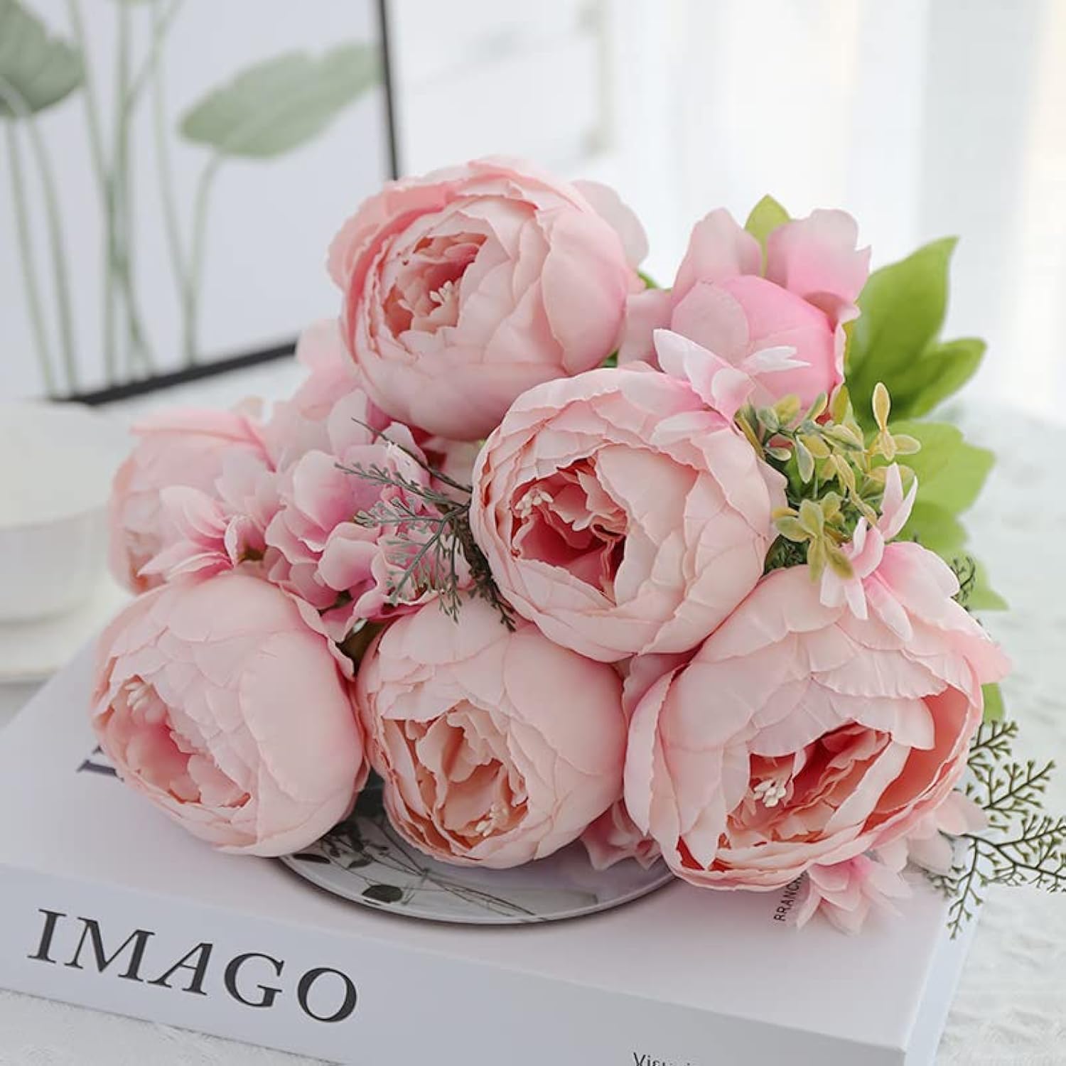 JOYHAZE 1 Pack Artificial Peony Bouquet, 19'' Silk Big Peonies Faux Flowers with Buds for Wedding Home Party Office Decor, Table Centerpieces, DIY Floral Arrangements (Spring Rose Pink)