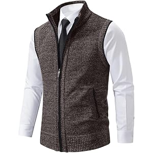 HYYGOCCTV Men's Winter Faux Two Piece Knitted Sweater Vest Stand Collar Zip Sleeveless Waistcoat Thermal Layering Gilet