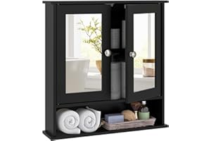 Tangkula Bathroom Medicine Cabinet with Mirror, Wall Mounted Wooden Hanging Organizer with Doors and Shelves, Bathroom Wall Mirror Cabinet (Mirror Doors, Black)