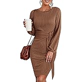 HOTOUCH Women's Knit Dress Long Lantern Sleeve Bodycon Dress Crewneck Tie Waist Rib Knitted Sweater Dresses