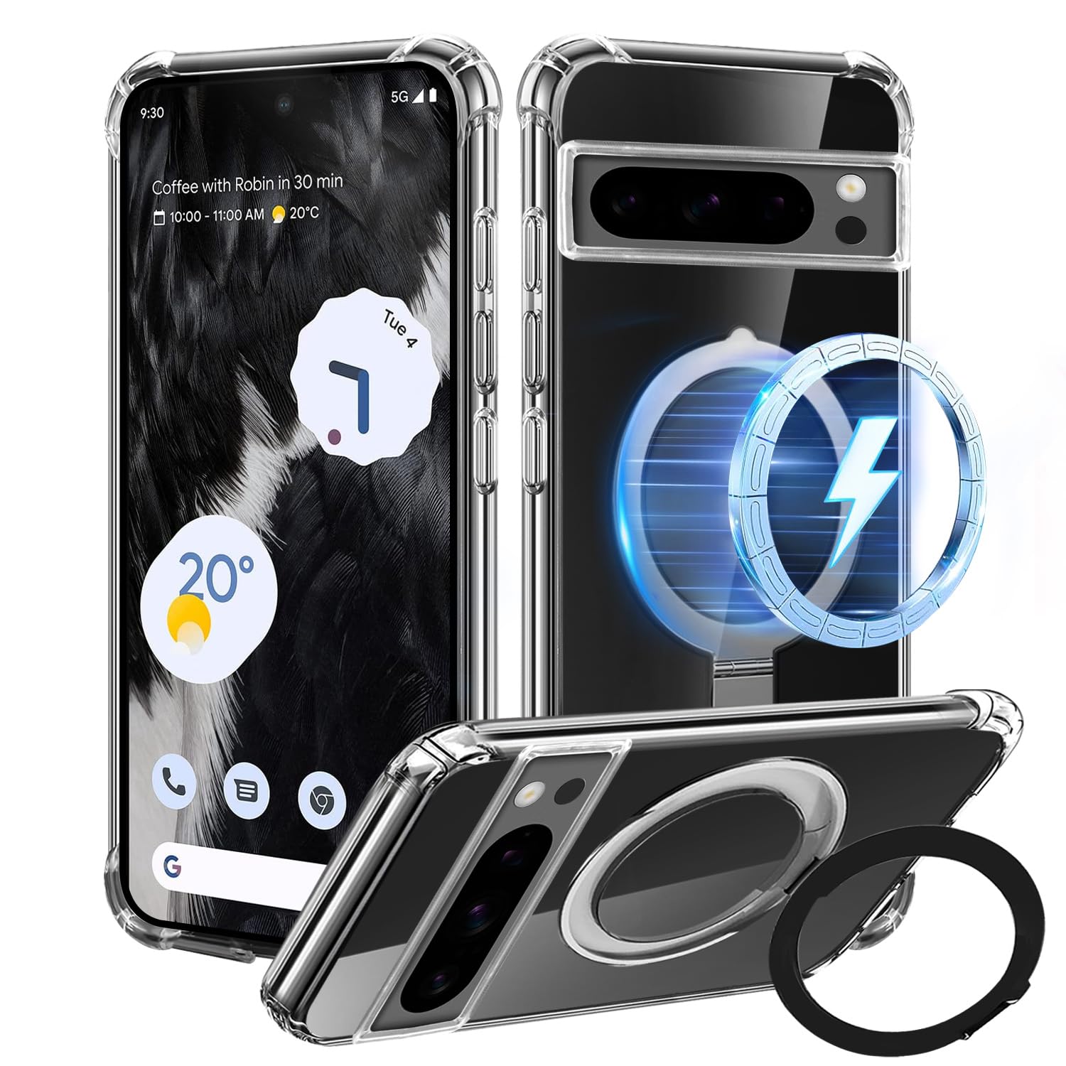 Tawarror Magnetic Case for Google Pixel 8 Pro, Transparent, Matte, Flip Case with Stand, Anti-Shock, Anti-Scratch Protection, Compatible with MagSafe Accessories