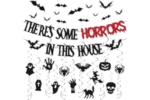 LEVVCIRKI 44 PCS Halloween Party Decorations There's Some Horrors In This House Banner 3D Bats Wall Decor Horrible Ghost Pumpkin Witch Spider Tumbstone Cat Hand Theme Hainging Swirl for Girl Boy Party Supplies
