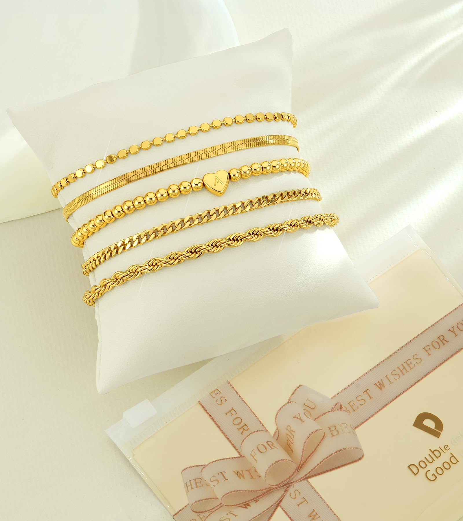 doubgood Gold Bracelets for Women Waterproof Stackable Heart Initial Charm Bracelets Set A Letter 14K Gold Plated Adjustable Chain Link Stack Jewelry Gifts for Women Mother's Day