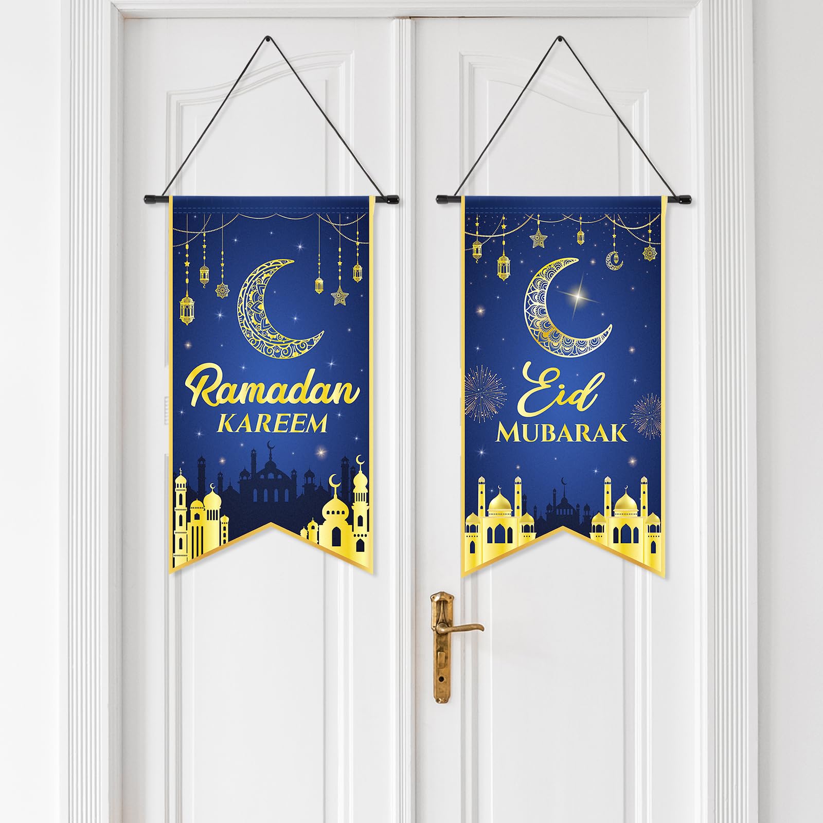 Photo 1 of 2PCS Eid Mubarak Decorations Ramadan Kareem Hanging Door Sign Ramadan Mubarak Banner Party Decorations Welcome Wall Banner for Party Supplies