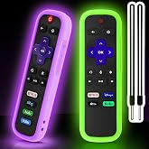 2 Pack Remote Cover for Roku TV Controller Glow in The Dark, Green Purple | For TCL Roku Smart TV Steaming Stick Remote, Universal Silicone Protective Case, Anti-Slip, Lanyard Included