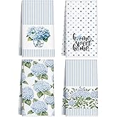 FuWeave 4 Pack Blue Hydrangea Kitchen Hand Towels Farmhouse Blue Hydrangea Decor, 18x26 Inch Summer Flowers Decorative Spring Floral Tea Dish Towels for Kitchen Bathroom