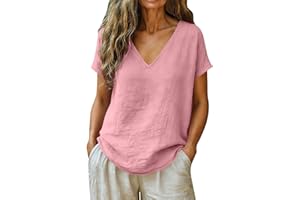 Womens Cotton Linen Shirts 3/4 Sleeve V Neck Loose Boho Beach Shirts Summer Dressy Casual Lightweight Blouses 2026