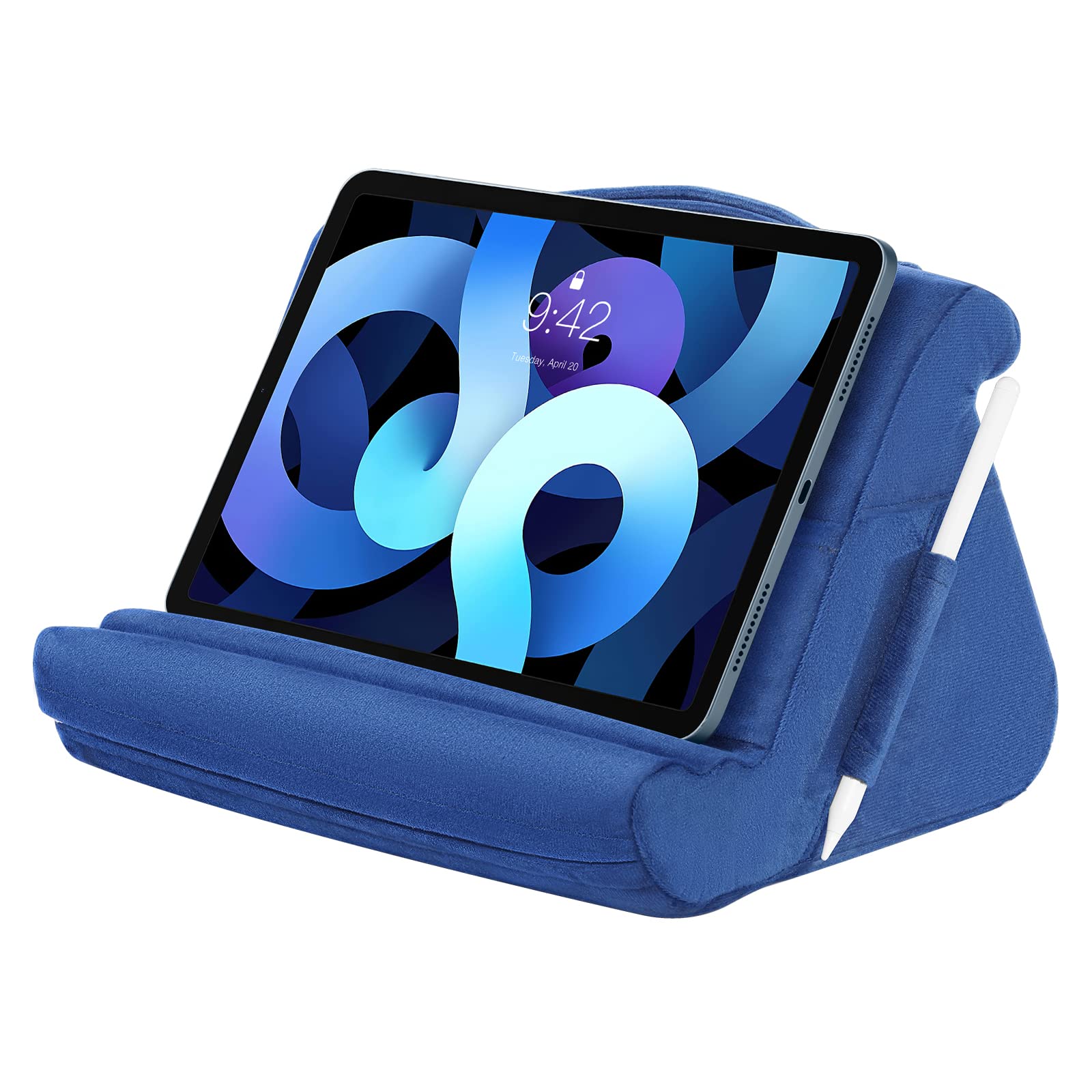 MoKo Tablet Pillow Stand, Tablet Cushion Stand, With Multiple Viewing Angles and Storage Pocket, Compatible with iPad 10.2 2022/iPad Air 5 4 3/iPad Pro, Galaxy Tab S9/S9+, E-reader, iPhone,Book, Blue