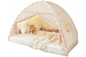 Monobeach Toddlers Twin Bed Tent Canopy: with Lights & Flags for Large Size Girls & Boys House Gifts - Tassel Kids Play Tent Indoor Princess Toys - Portable & Foldable Children Playhouse Outdoor
