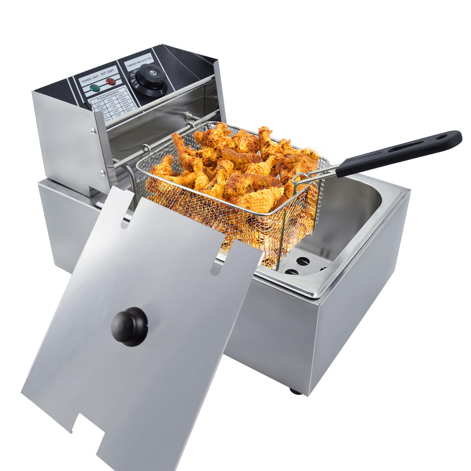 Electric Deep Fryer 6L 2500W Countertop Stainless Steel Single Tank with Lid Basket Home Restaurant