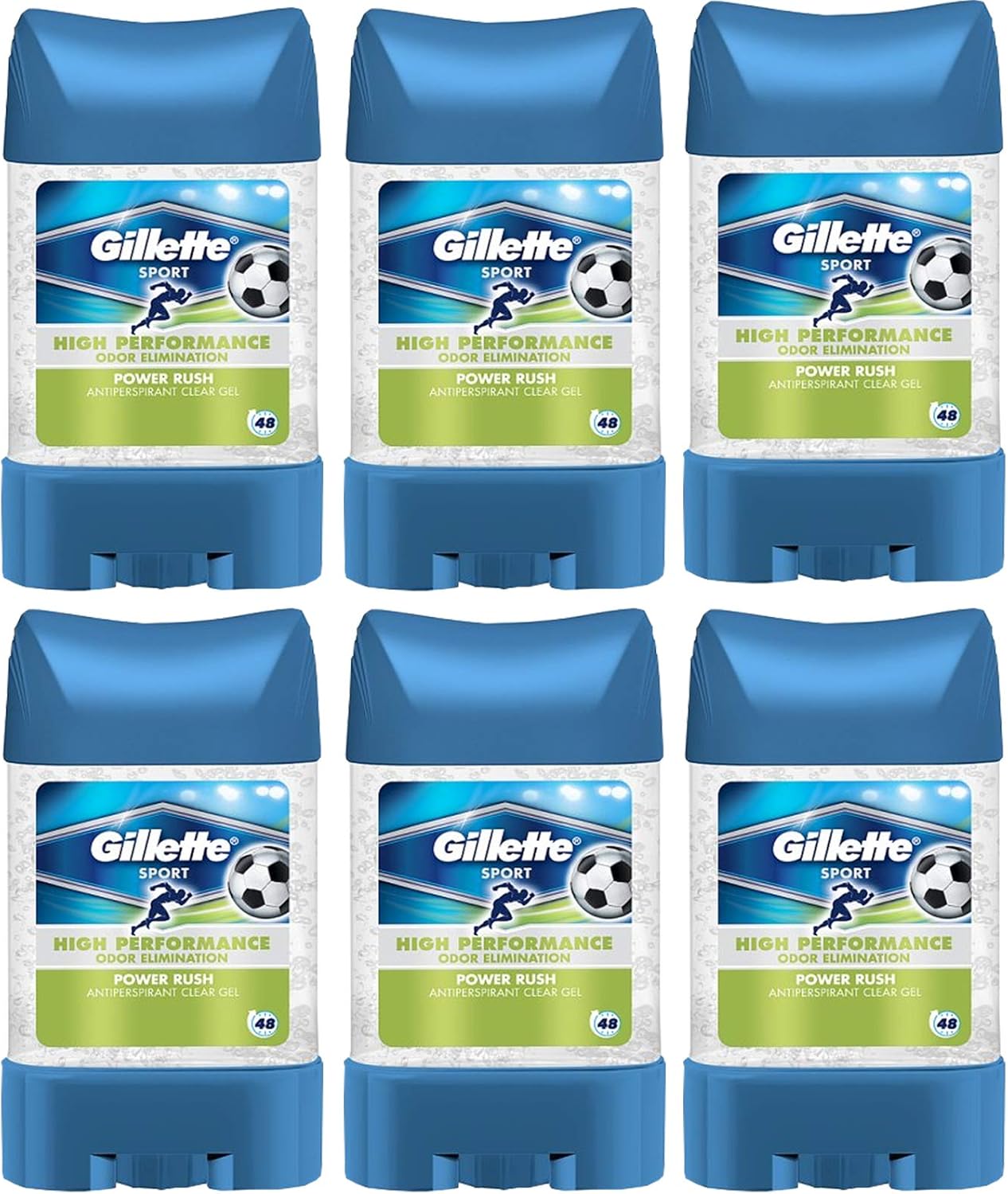6 x GILLETTE POWER RUSH ANTIPERSPIRANT DEODORANT CLEAR GEL STICK 70ML