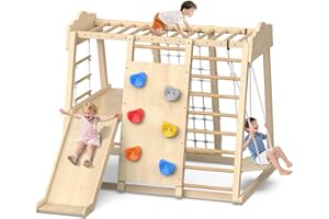 Uiirvdy Indoor Playground 8-in-1 Wooden Jungle Gym Large Kids Play Gym Climbing Toys with Swing, Slide with Preperation Zone, Monkey Bars, Climbing Rocks, Rope Wall, Ladders