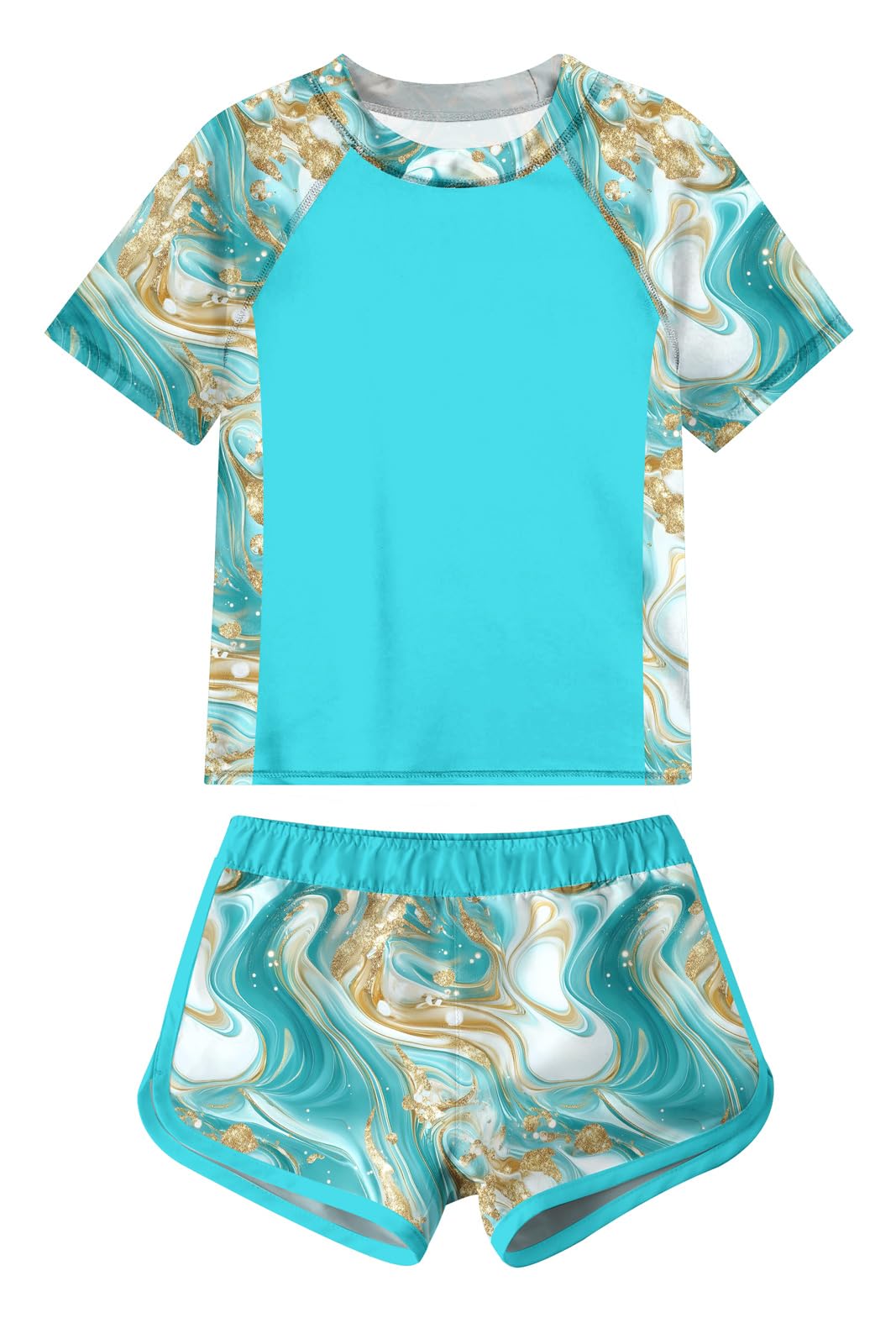 Photo 1 of ADUKIDE Swimsuits for Girls 13-14T Two Piece Marble Bathing Suit Hawaii Tankini Rash Guard Set Blue Swimwear with Shorts