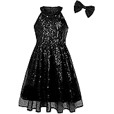 EXARUS Girls Halter Neck Sparkly Sequin Dresses Sleeveless A-Line/Bodycon Dress for Girl Formal Special Occasion 6-14Y