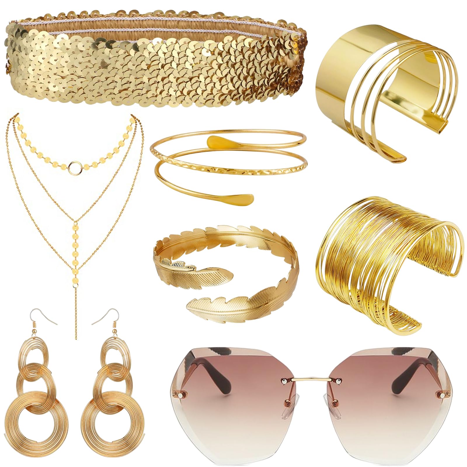 8 Pieces 70s Disco Accessories Set for Women, 1970s Disco Jewelry Costume with Rimless Sunglasses Sequin Headband Choker Necklace Earrings Cuff Bangle Bracelet Style for Ladies Dress Up Retro Party
