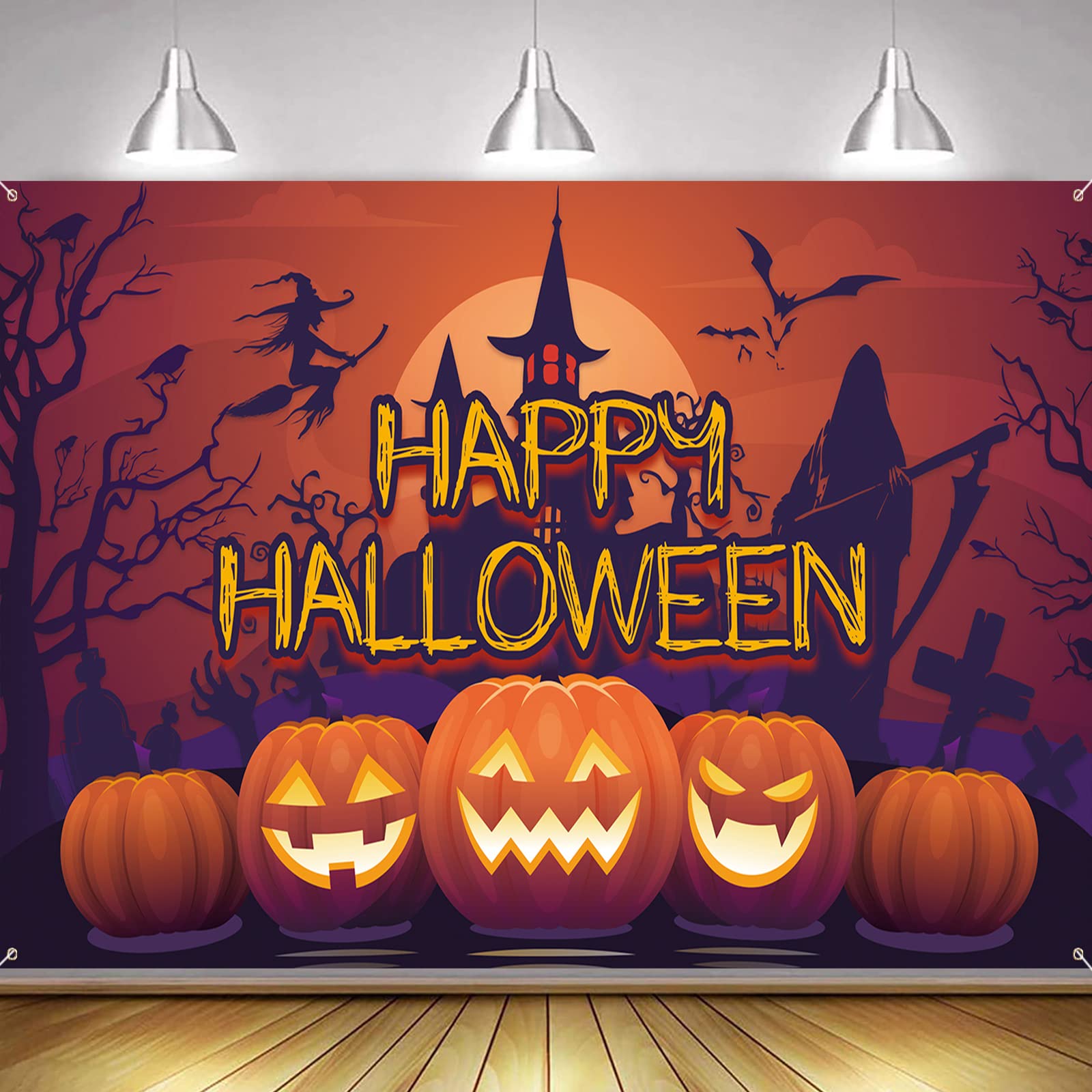 Happy Halloween Banner - Large Fabric Photo Booth Backdrop with Moon, Pumpkin Wall Decor for Indoor/Outdoor Parties
