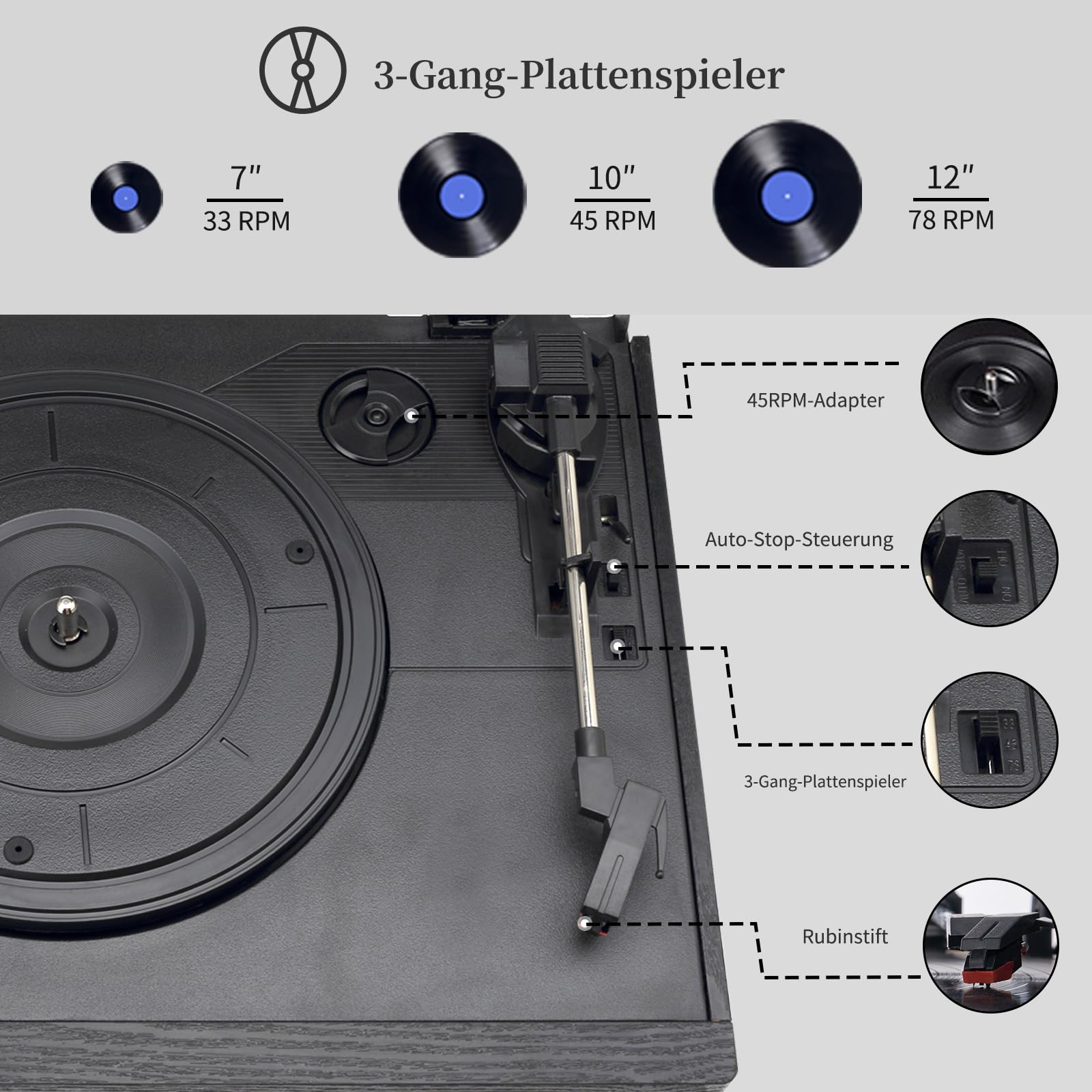 JORLAI Vintage Record Player 3 Geschwindigkeiten Plattenspieler mit Fernbedienung, Vinyl Bluetooth mit eingebauten Lautsprechern CD/Kassette AM/FM Radio USB/SD/MMC 3.5mm Aux-in/RCA-Out, Schwarz 3