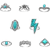 XAM 8Pcs Bohemian Turquoise Ring Set for Women Vintage Oval Gemstone Rings Pack Western Jewelry Lightning Sunflower Stackable Joint Knuckle Jewelry