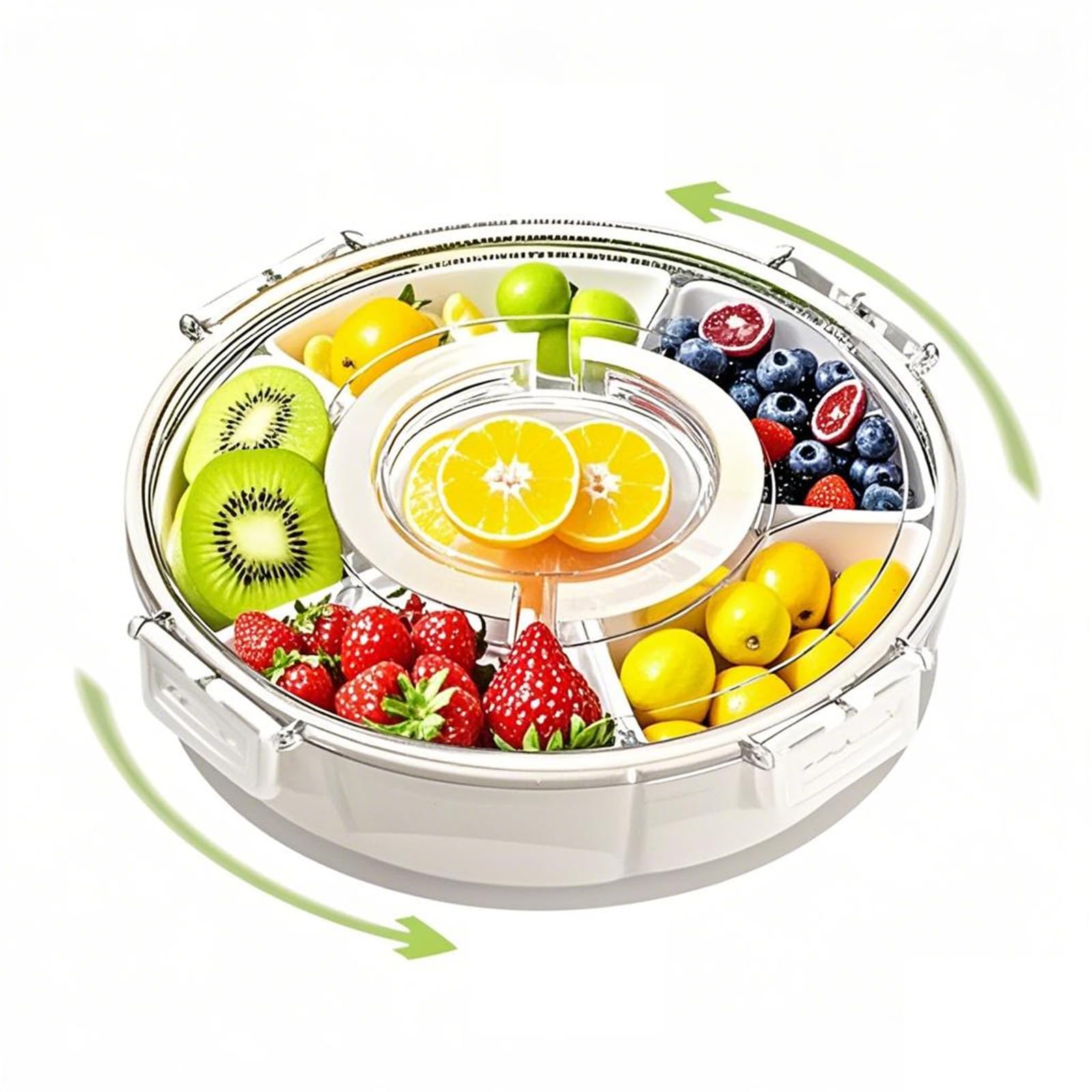 Photo 1 of Divided Rotating Vegetable Serving Tray with Lid and Handle - for Fruit, condiments and Veggie Platter - for Picnic, Beach, Gatherings and Travel Rounded Spinning Snack Container Box(White, 11.3 in)