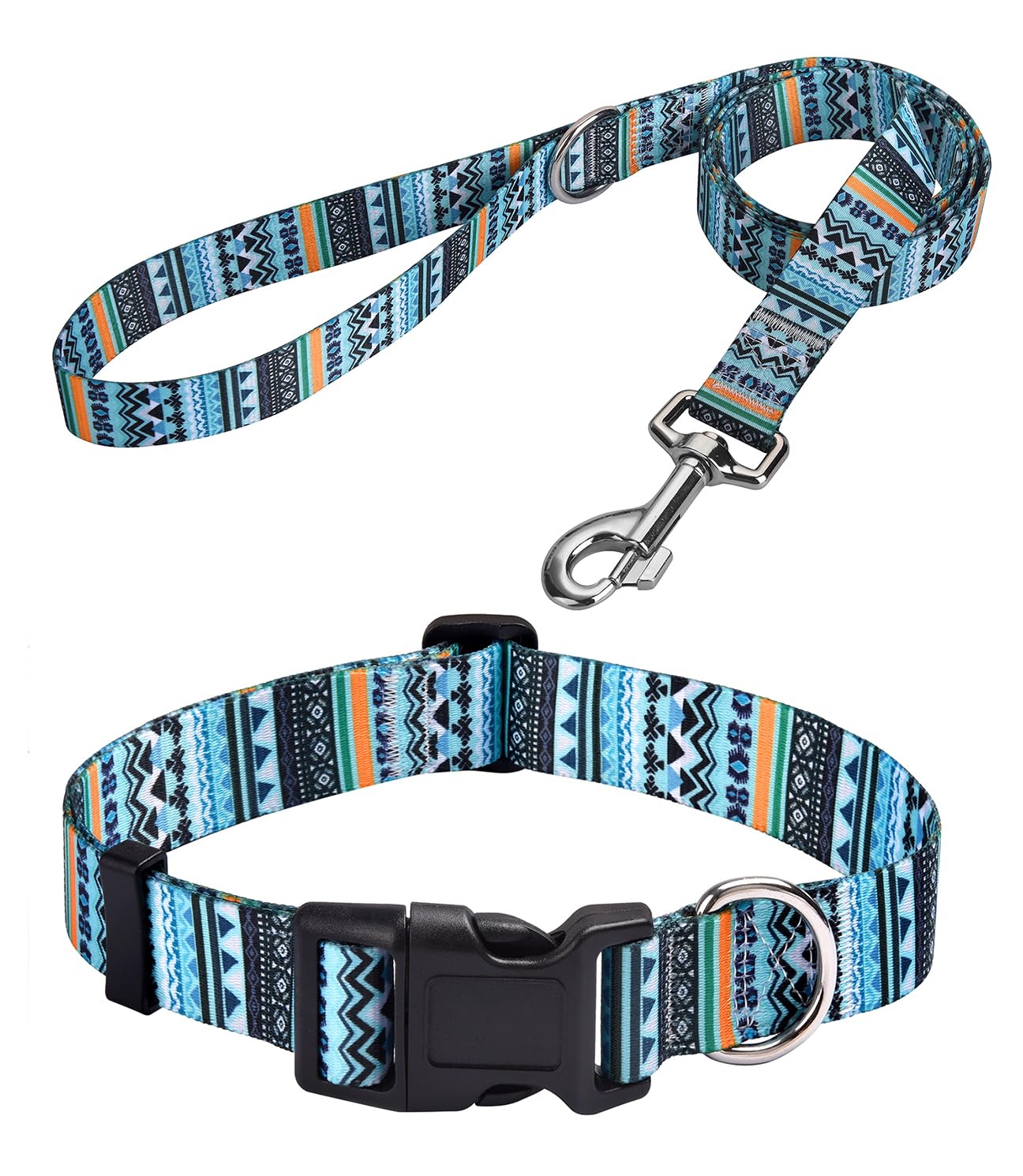MarukoPet Dog Collar and Leash Set, Adjustable for Small Medium Large Dogs Puppy, Cute Design with Bohemia Floral Tribal Geometric Patterns Boys Girls Dog Collar(Green Bohemia Set,L)