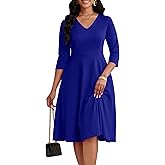 CLOCOR Casual Dresses for Women Semi Formal Fit and Flare Dress A-Line V-Neck 3/4 Sleeve Church Dresses with Pockets