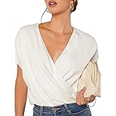 WDIRARA Women's 2023 Wrap Deep V Neck Short Sleeve Ruched Office Elegant Solid Top Blouse Shirt