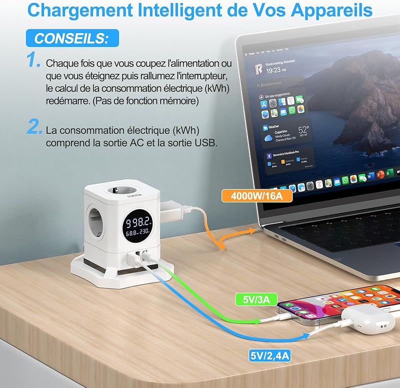 Cube Multiprise avec LCD Écran, Consommation Électrique Surveillance — photo 3 sur 7