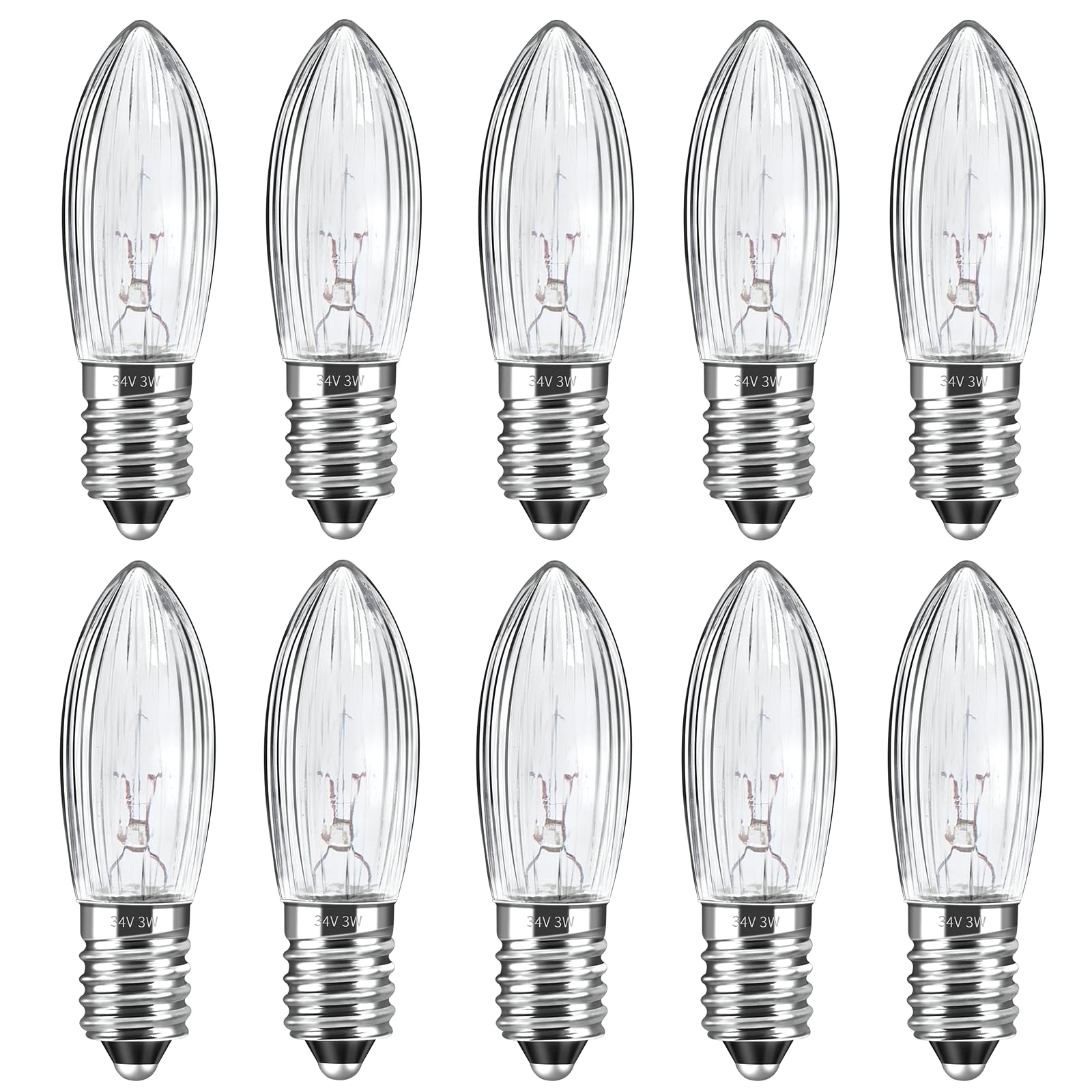 Caldarax 10 Pack E10 3W 34V Candle Replacement Light Bulbs, Warm White 2700K, Candlestick Bulb, Spare Christmas Light Bulb for Candle Bridge, Candles Arch, Candlestick, Fairy Lights, Pointed Candles