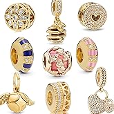 9 Pack Silver Bead Charms for Bracelets and Necklaces Charm for Woman Cubic Zirconias Dangle Pendant Jewelry Beads Set