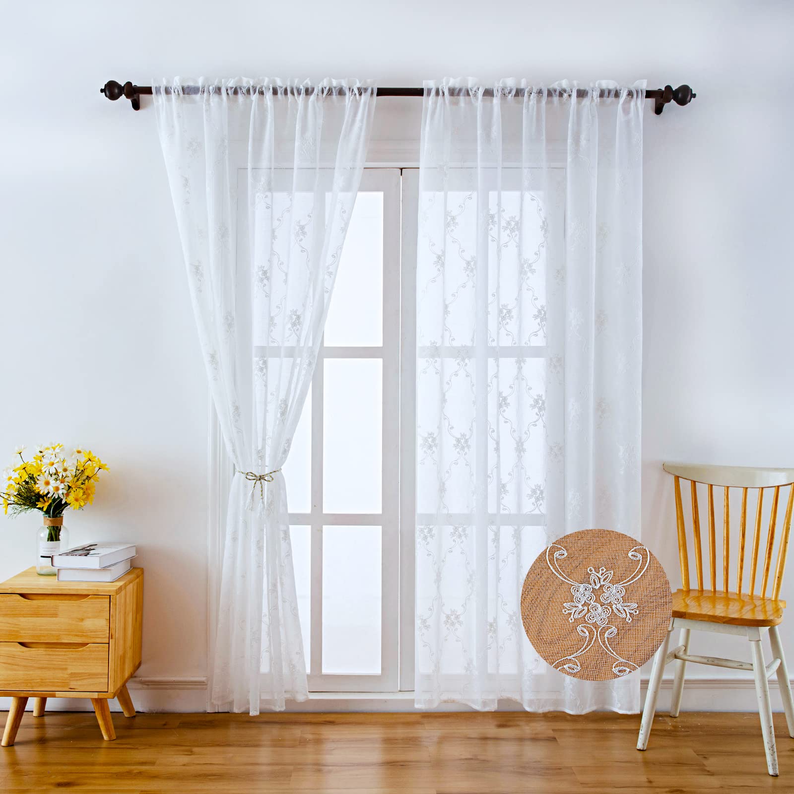 LIVETTY Original Net Curtains 102 Inch Drop 2 Panels Windows White Eyelet Sheer Curtains Transparent Linen Style Voile Curtain 3D Floral Classic Embroidery for Bedroom, Living Room, Kitchen