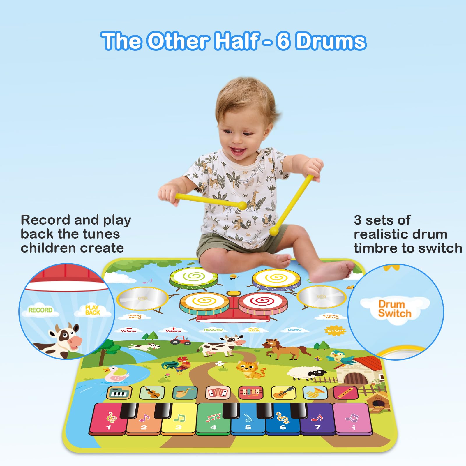 Foki 3-in-1 Musical Mats, Child Floor Piano Drum Animal Music Play Mat Montessori Sensory Early Educational Musical Learning Toys for Baby Girls Boys Birthday Toddlers 1-5 Years Old