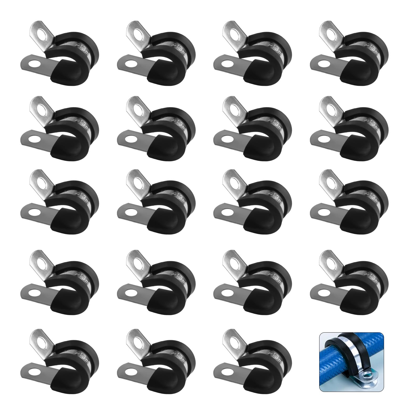 Stainless Steel Rubber Lined P Clips Assorted, 19 Pcs 13mm Hose Pipe Clamps, Hose Conduit Clips, Metal Wire Cable Clamps for Cable, Cord, Wire, Tube - 13mm