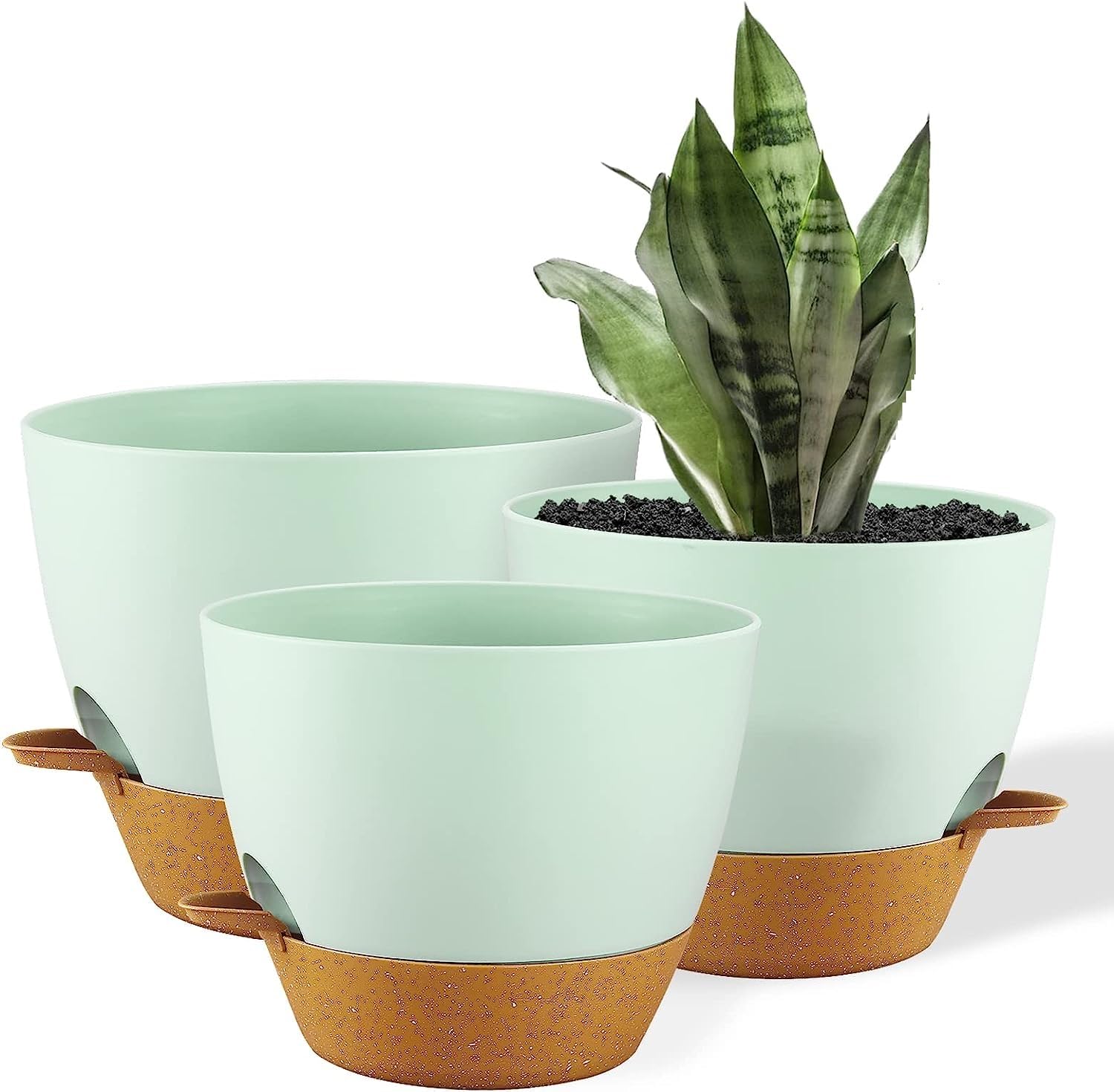PRIYMAL 25/23/20cm Self-Watering Plant Pots Indoor & outdoor, 3 Pack Large Plastic Plant Pots with Deep Reservior and High Drainage Holes for Indoor Outdoor Plants and Flowers (GREEN)