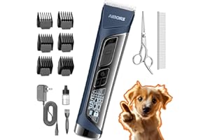 AIBORS Dog Clippers for Grooming Low Noise - 5 Speed Dog Grooming Clippers with LCD Display, Cordless Pet Hair Clippers Trimmer for Dog & Cat, High Power, Blue