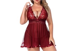 Zzalalana Women's Plus Size Babydoll Lingerie Sexy Naughty Lace V-Neck Chemise Nightgown Mesh Pajama Dress with Thongs